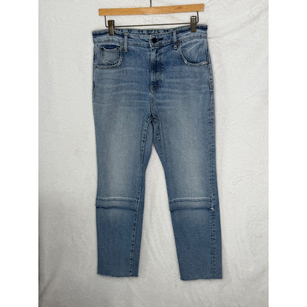 HALE Women 29 Blue Amanda High Rise Cropped Straight Leg Raw Knee Seam Jeans